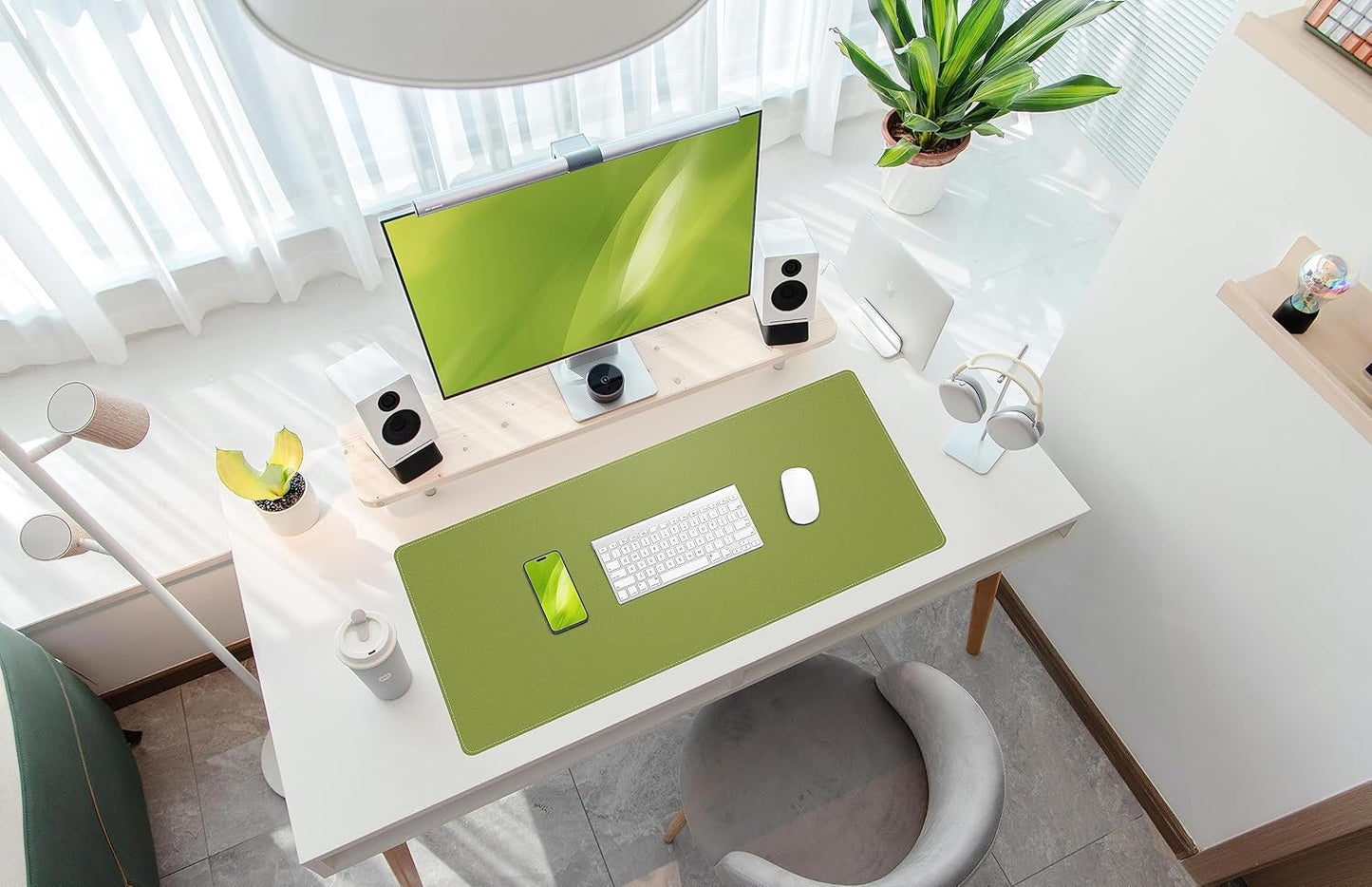 Leather Desk pad Protector, Large Desk mat with Natural Cork & PU Leather,Mouse pad,Non-Slip Office Desk Mat,Waterproof Desk Writing Pad for Office and Home (35in*17in, Olive Green)