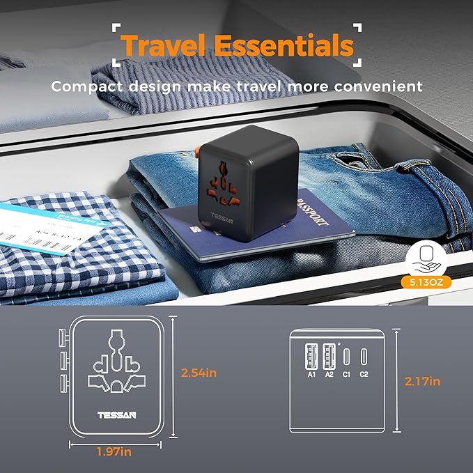 TTESSAN Universal Travel Adapter, International Power Adapter with 4 USB Ports (2 USB C), Travel Plug Adaptor Worldwide for US to Europe UK France Germany Spain Ireland Australia Japan (Type C G A I)