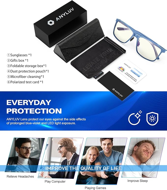 ANYLUV Blue Light Glasses Men, Relieve Eyestrain and Eye Protection, Al-Mg Metal Computer Blue Light Blocking Glasses