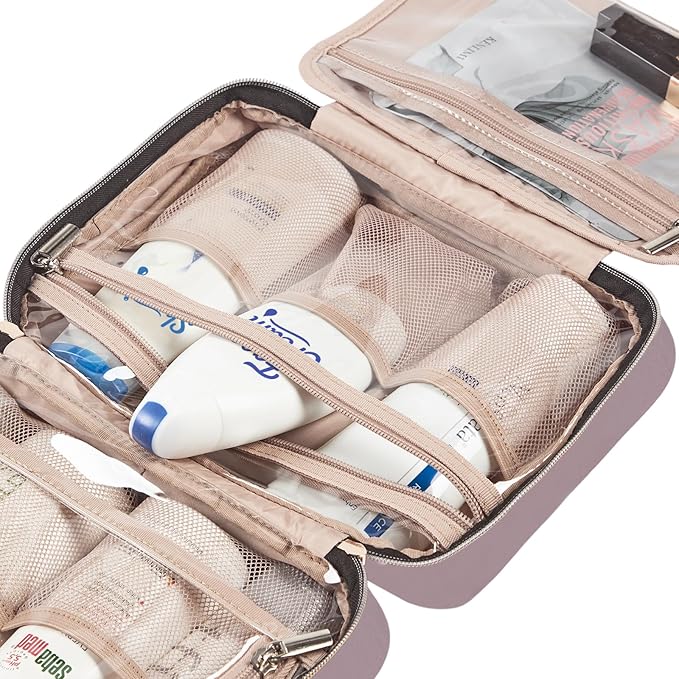 NISHEL Travel Toiletry Bag for women, Portable Hanging Organizer for Travel-Sized Shampoo, Conditioner, Brushes Set, Makeup Accessories, Medium Size, Peach Pink