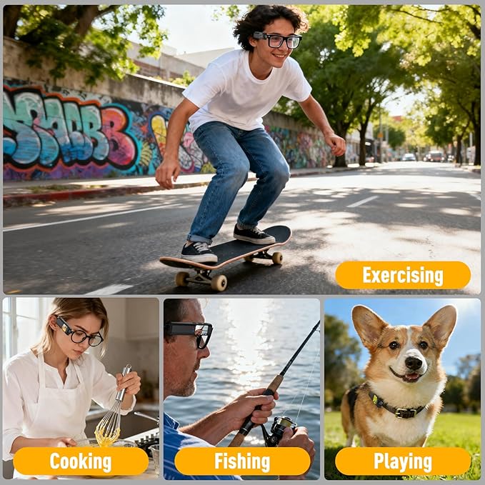 Hands Free Clip On POV Sports Camera 110 Degree 2.7K, WiFi Mini Camera for Glasses with Live View, Cycling Fishing Vlog Recorder, Kids Pets Daily Recording, Includes 16GB Card(Black)