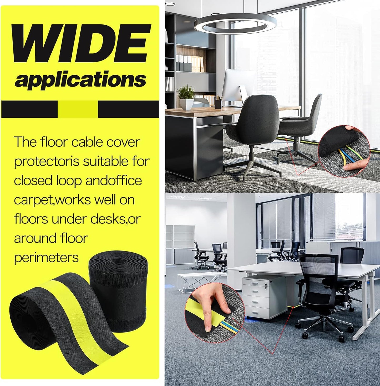 WILLBOND Carpet Cord Cover Cable Grip Floor Cover Cable Protector Management Only for Commercial Office Carpet(Black and Yellow,19.69 ft)