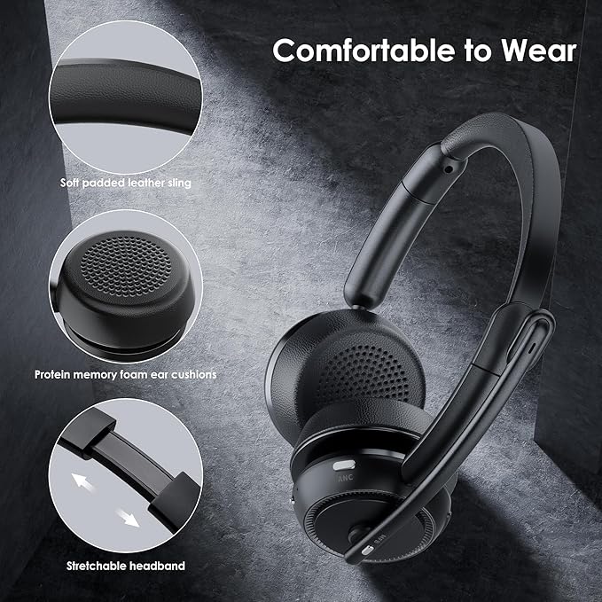 ANC & ENC Headset with Microphone for PC, Wireless Headset with Mic for Work(Flip-to-Mute & USB Dongle), Bluetooth 5.4 Noise Cancelling Headphones with Mic for Call Center/Home/Computer/Cell Phones