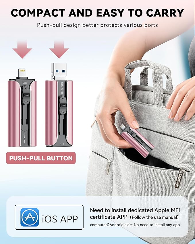MFi Certified 256GB Flash Drive for iPhone USB Memory Stick Thumb Drives, High Speed USB Stick iPhone Flash Drive for Photos Videos,Photo Stick External Storage for iPhone/iPad/Android/Laptop (Pink)