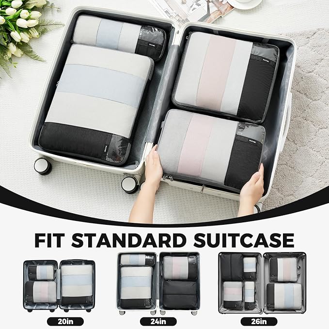 BAGAIL 6 Set/4 Set Lightweight Compression Packing Cubes for Travel, Anti-Tearing Expandable Organizer Bags for Suitcase