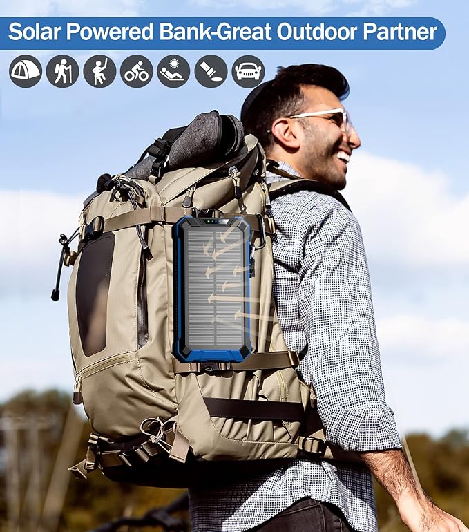 GOODaaa Power Bank Wireless Charger 36000mAh Built in 4 Cables Six Outputs 15W Fast Charging Power Bank for All Mobile Devices Three Inputs Solar Portable Charger with Dual Flashlights, Carabiner