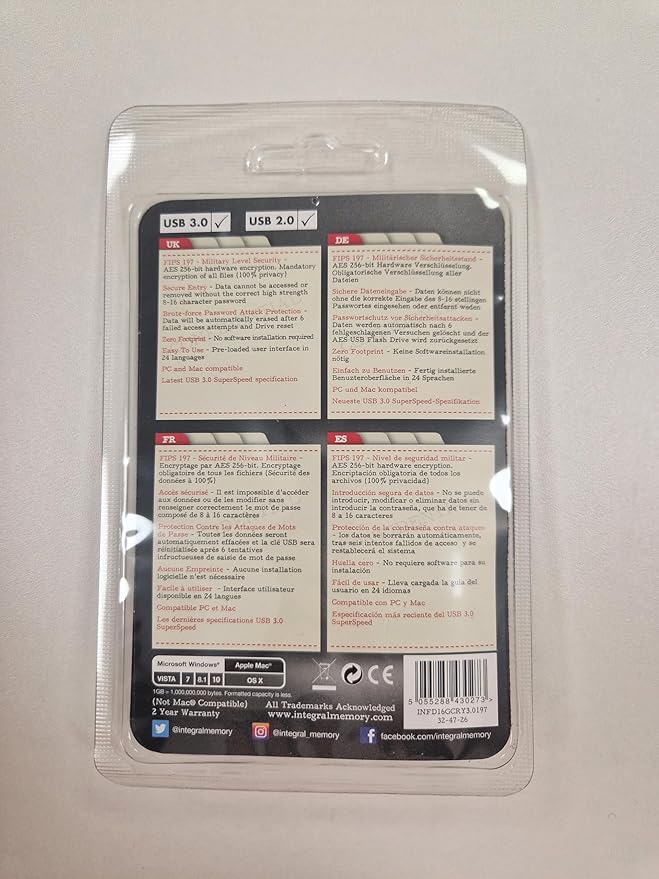 Integral 8GB Crypto-197 256-Bit Hardware Encrypted 3.0 USB Secure Flash Memory Drive - Certified to FIPS 197, Brute-Force Password Attack Protection & Rugged Double-Layer Waterproof Design