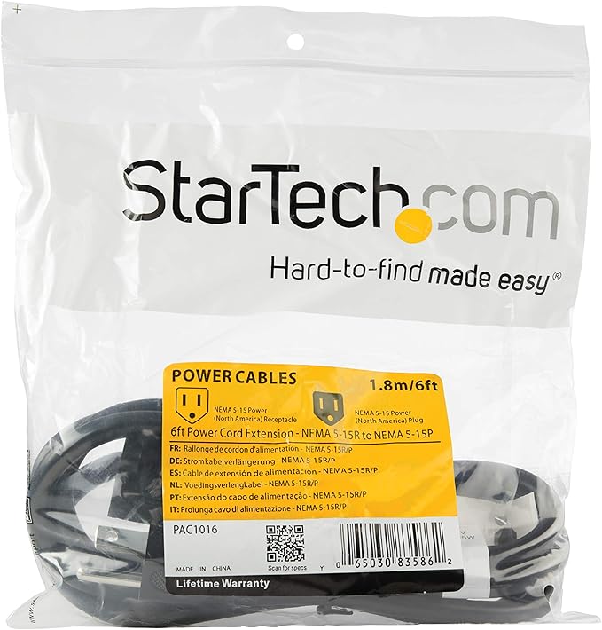 StarTech.com 6ft (2m) Power Extension Cord, NEMA 5-15R to NEMA 5-15P Black Extension Cord, 13A 125V, 16AWG, Outlet Extension Power Cable, AC Power Cord - UL Listed (PAC1016)