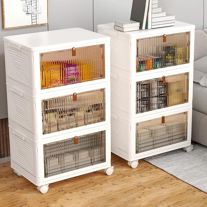 3 Tier Plastic Storage Bins with Lids 35QT, Stackable Storage Containers with Wheels, Folding Storage Boxes, Collapsible Storage Bins, Closet Organizers and Storage for Living Room,Office,Dorm