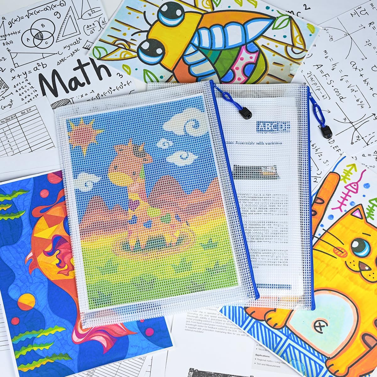 AUSTARK 10 Pcs Zipper File Bags, Waterproof Plastic Mesh Pouch for Office School, Board Game Storage Bags (A4 Size 13.4''x9.4'', White and Blue)