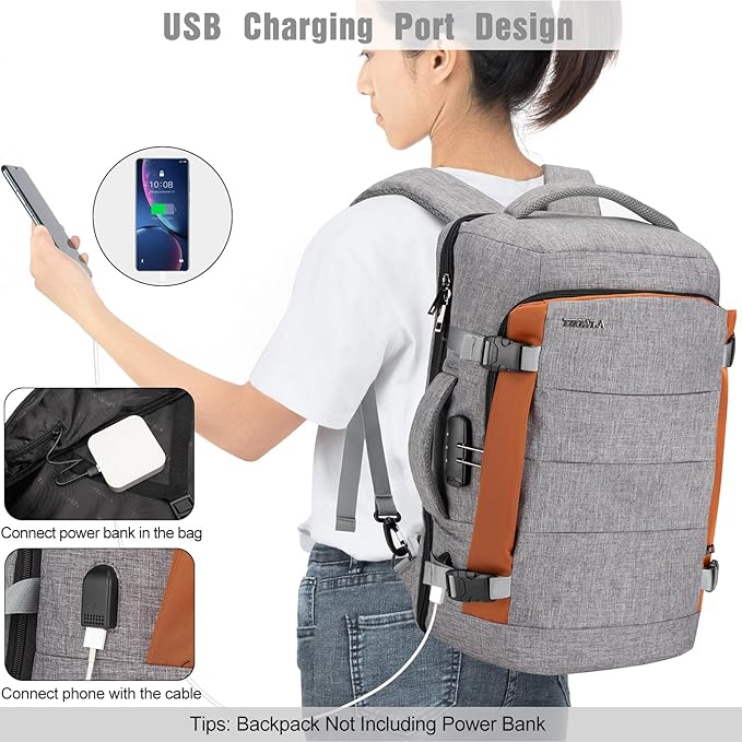 Tzowla 40L Travel Laptop Backpack for Men Women Carry on Flight Approved,Large Capacity Water Resistant Anti Theft Backpacks with USB Port,Business Causal Daypack Bag Fit 17.3"Computer/Notebook(Grey)