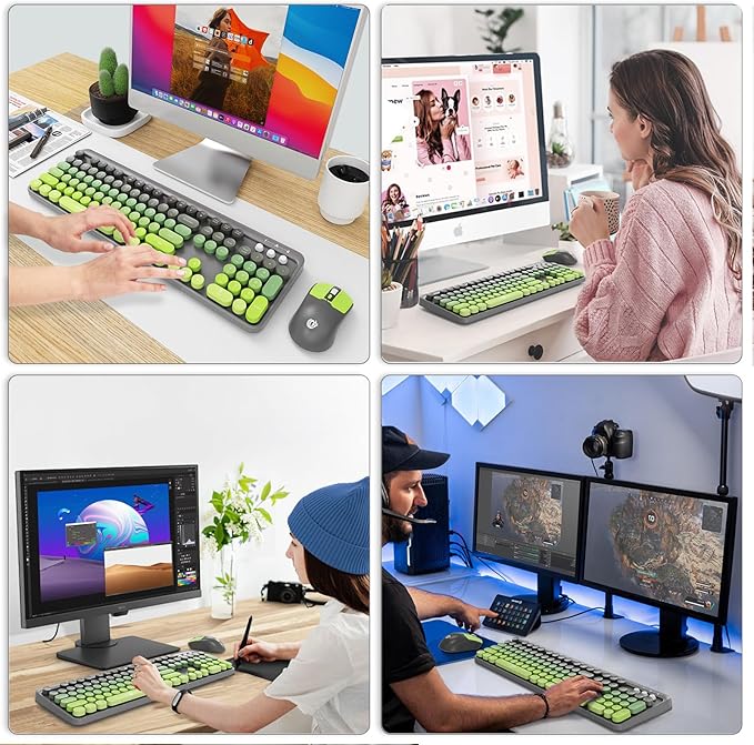 FD Wireless Keyboard and Mouse Combo | Cute Colorful Keyboard and Mouse with 2.4GHz Cordless Retro Typewriter Keyboard | Auto-Sleep | USB Receiver for Windows PC/Laptop - Grey Green Gradient