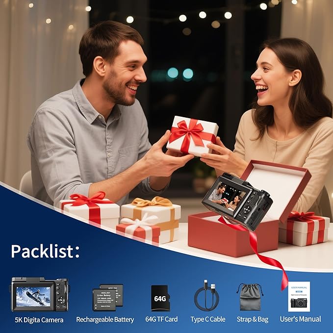 Digital Camera 5K, 64MP Cameras for Photography, YouTube Vlogging, 18X Zoom UHD Autofocus Compact Point and Shoot Flip Screen Camera with 64GB SD Card, 2 Batteries, Small Photo Camera for Kids, Teen