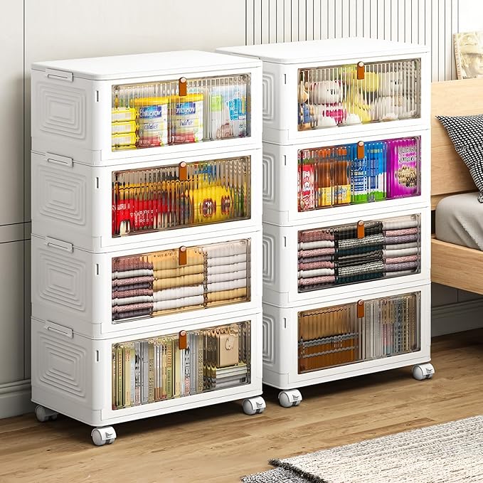 4 Tier Plastic Storage Bins with Lid 23QT, Stackable Storage Containers with Wheels, Folding Boxes, Collapsible Bins, Closet Organizers and for Living Room,Office,Dorm