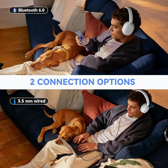 Hybrid Active Noise Cancelling Headphones, Over Ear Bluetooth 6.0 Wireless Headphones, 50H Playtime, Deep Bass, HiFi Stereo Sound, Lightweight Foldable for Travel, Home and Office(White)