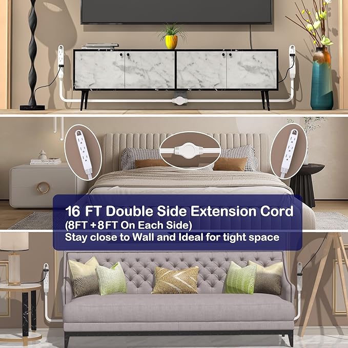 3-Prong Twin Extension Cord 16FT Double Cord 8 FT Each Side Slim Flat Head Extension Cord Total 6 Outlets