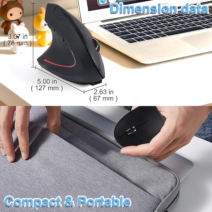 Wireless Mouse Ergonomic Left Handed Vertical Mouse with USB Receiver LED Light 6 Buttons 2.4GHz Optical Portable Rechargeable Computer Mice for Laptop PC Desktop Notebook Kids Adults Gifts (Black)