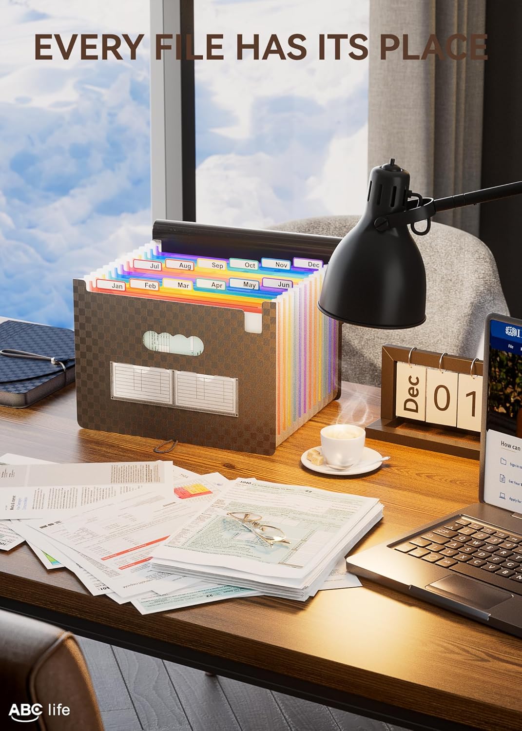 ABC life Accordian File Organizer 12 Pockets,Expanding File Folder/Portable A4 Letter Size Filling Box, Expandable Desktop Accordion Folder, Plastic Paper Document Coupon Organizer with Colored Labels