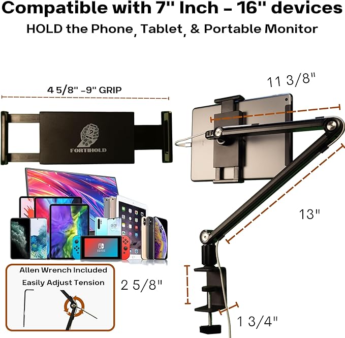 Stand for 16 Inch Portable Monitor - Heavy Duty Aluminum Mount with Infinite Angle Adjustment, Built-in Cable Management - Fits iPad Pro 12.9, Tablets, iPhone (Holds 4.7"-16" Devices)