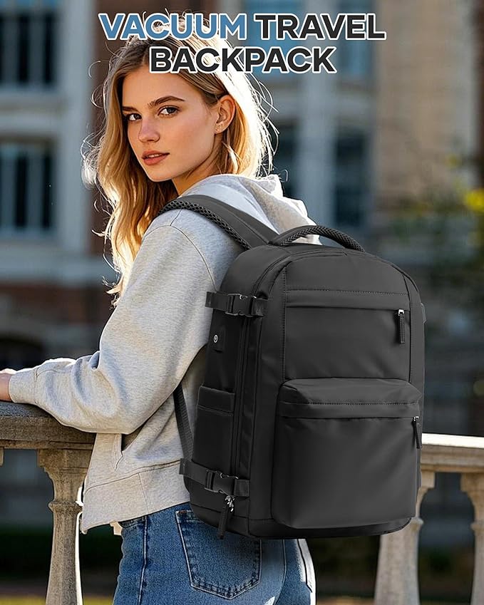 Vacuum Travel Backpack with Pump for Women,Personal Item Carry on Backpacks Flight Approved 18x14x8 inches for Men,Laptop Waterproof Work Compression bags Casual Daypack. Black