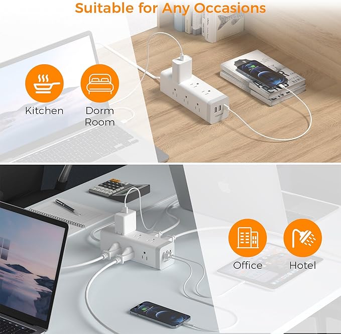 Surge Protector Power Strip 15 Ft, TESSAN Flat Plug Long Extension Cord with 9 Outlets 3 USB(1 USB C), Surge Protection Mountable Desk Charging Station for Indoor, Home, Office, Dorm Room Essentials