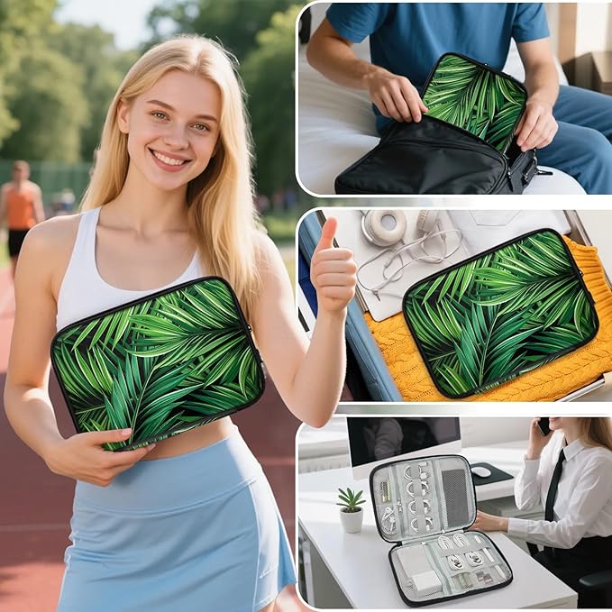 Green Tropical Leaves Electronics Travel Organizer Case, Tech Accessories Cable Storage Bag for Cords, Charger, Phone, Hard Drive