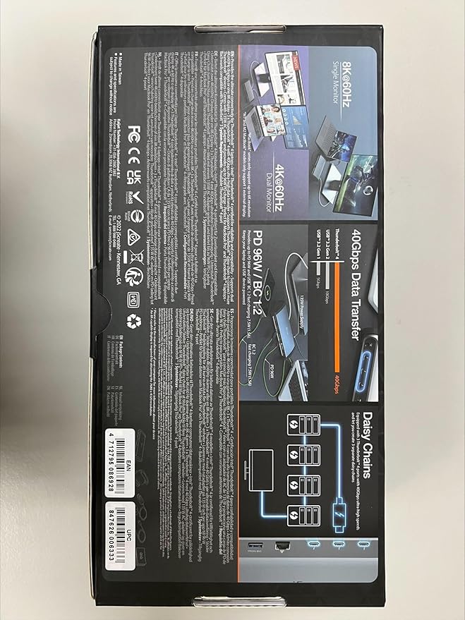 j5create 8K Thunderbolt 4 Docking Station with Max 96W Charging, Single 8K60 or Dual 4K60 Display, Thunderbolt 4 40Gbps, USB 10Gbps, Gigabit Ethernet, SD 4.0, Audio Combo (JTD562)