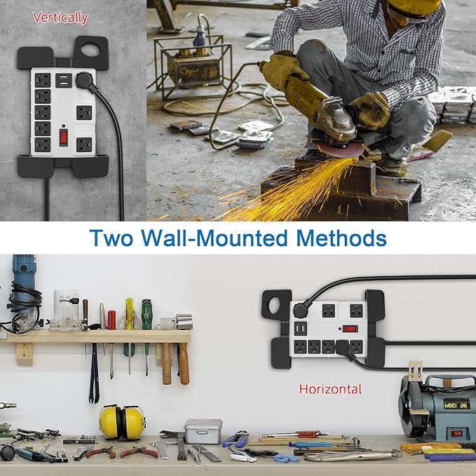 Heavy Duty Power Strip with USB, Workshop 8 Outlet Surge Protector 2700 Joules, Grey Industrial Metal 15Amp Power Strip, 15FT Extension Cord and Wide Spaced.