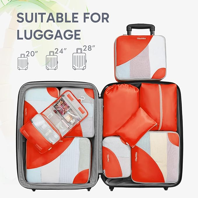 ALL INCLUDED 10 Set Sturdy Packing Cubes for Suitcases,OlarHike Travel Essentials,UPGRADED Anti-Tear Stitching, NEW Improved Luggage Packing Organizers for Travel Accessories (Orange)