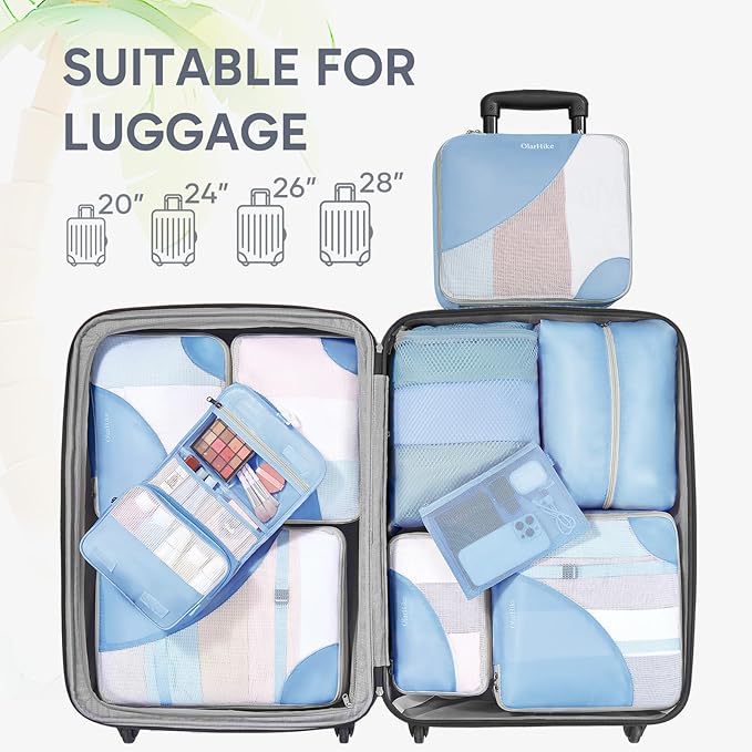 ALL INCLUDED 10 Set Durable Packing Cubes for Suitcases,OlarHike Essentials for Travel,UPGRADED Anti-Tear Stitching, NEW Improved Luggage Packing Organizers for Travel Accessories, Light Blue