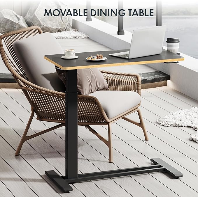 FLEXISPOT H7 Adjustable Overbed Bedside Table with Wheels Pneumatic Mobile Standing Desk Laptop Desk Rolling Computer Cart Movable Overbed Table Hospital Home Use(31.5" W x 17.7" D, Black Maple Large)