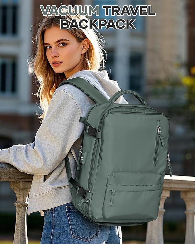 Vacuum Travel Backpack with Pump for Women, Personal Item Carry on Backpacks Flight Approved 18x14x8 inches for Men,Laptop Waterproof Work Compression bags Casual Daypack. (Green)