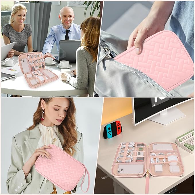 Electronics Organizer Travel Case, Charger Bag Cord Organizer Travel, Compact Tech Pouch Cable Organizer Bag for Charger, Cords, Phone, Headphones, Flash Drive, SD Card (Pink, Large-Single Layer)