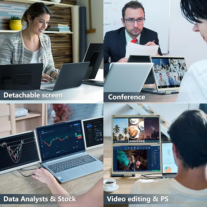 ROYY Laptop Screen Extender Triple Monitor - 15.6" Detachable Portable Computer Monitor, FHD 1080P IPS 235 Degrees Rotation Extra Screen Compatible with Mac Wins Dex Chrome Fits 13-17" Laptop