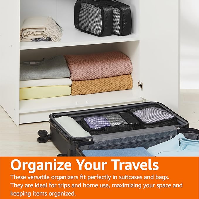 Amazon Essentials 4-Piece Packing Cubes Travel Accessories Set, Luggage Organizer with Double Zipper, Mesh Top, 100% Polyester, Small, Black (Previously Amazon Basics)