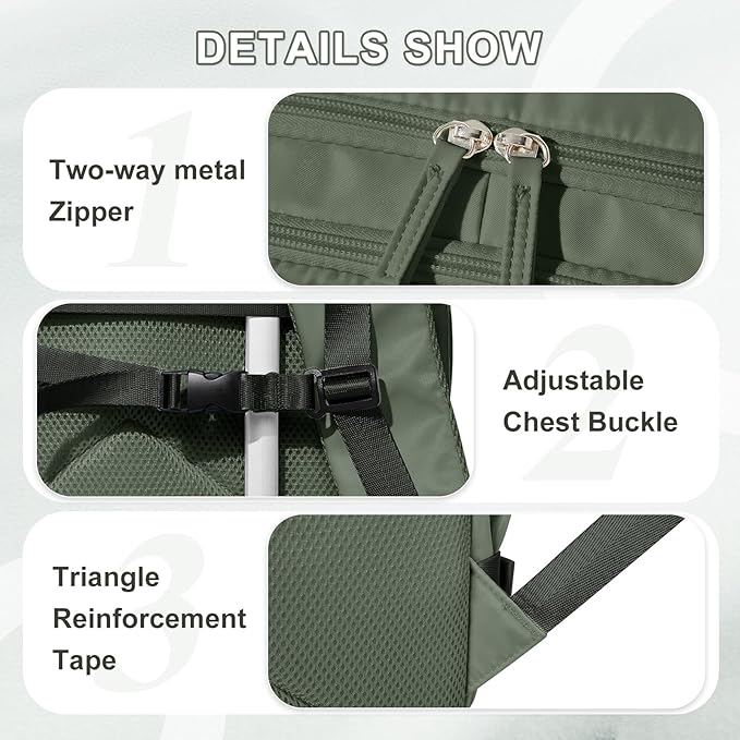 VECAVE Carry On Backpack for Women, Airline Approved Large Travel Backpack Flight Approved, Waterproof 14 Inch Laptop Backpack Business Work Backpacks Bag Men Mochila De Viaje Green.