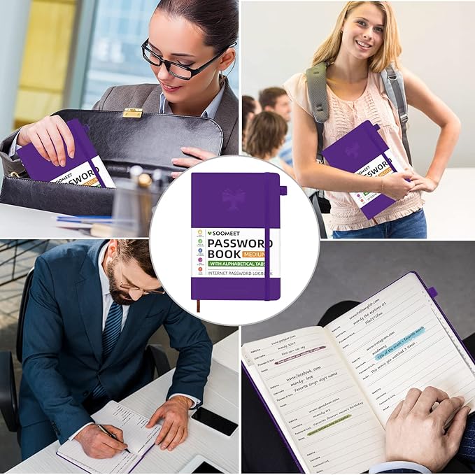 Password Book with Alphabetical Tabs, Hardcover Password Keeper, A5 Size 8.3"x6" Password Notebook for Saving Internet Login, Username, Password Organizer for Computer & Website Logins, Pruple