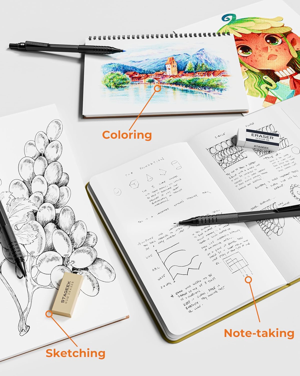 Metal Mechanical Pencil Set in Leather Case, 5PCS Art Drafting Pencil 0.3, 0.5, 0.7, 0.9 & 2mm Lead Holder, 9 Tube (4B 2B HB 2H Colors) Lead Refills for Drawing, Sketching, Writing (Black)