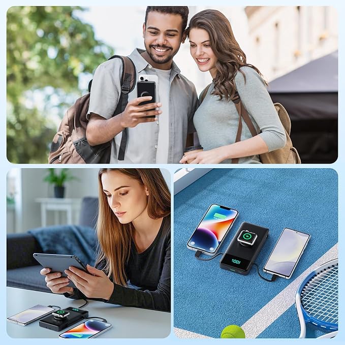 Portable Charger for iPhone with Built in Cables & Wall Plug,6-in-1 10800mah Power Bank With iWatch Charger,QC4.0+25W PD Fast Charging LCD Display Battery Pack for iPhone 16/15/14,Android,Apple Watch