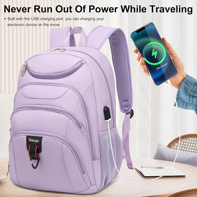 Boavan Laptop Backpack for women, 15.6inch Laptop Bag with USB Port, Waterproof Travel Work Backpack Purse, Anti-Theft Teacher Nurse Doctor Casual Bookbags Office Business backpack,Purple