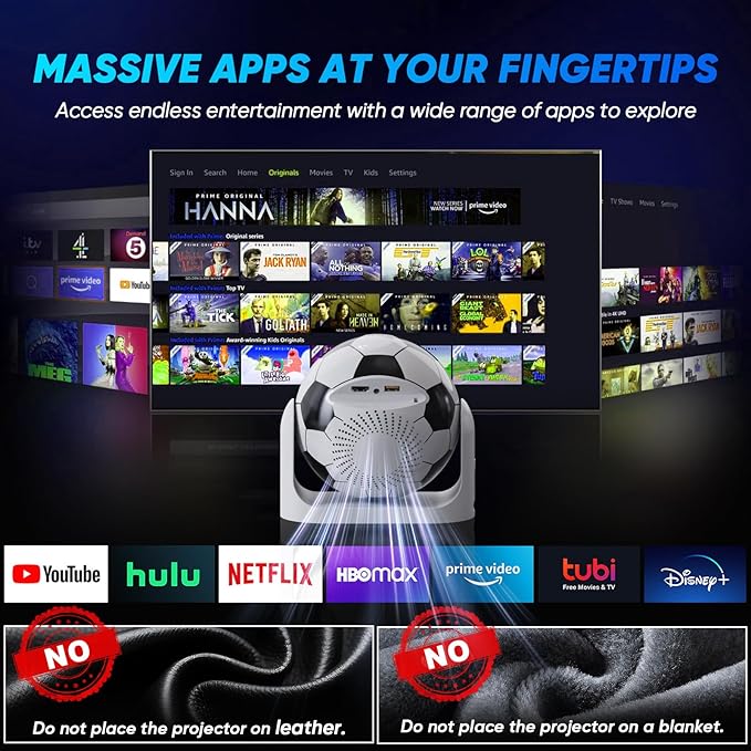 Mini Projector with WiFi and Bluetooth Auto Focus & Vertical Keystone Smart Portable Projector Android 13 with Built in Apps 1080P HD 4K Support w/ HDMI/USB Supported Home Movie Projector (Football)