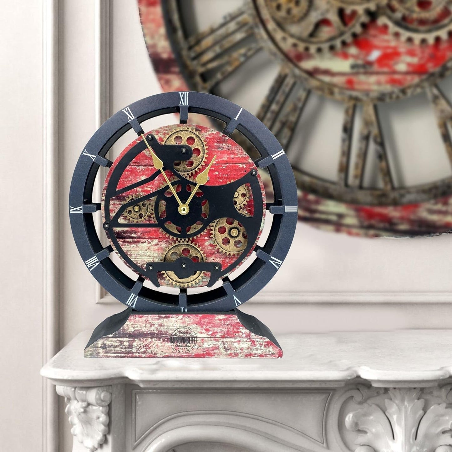 The Gears Clock Desk Clock 10 inches with Real Moving Gears Convertible into Wall Clock (Red Lava)