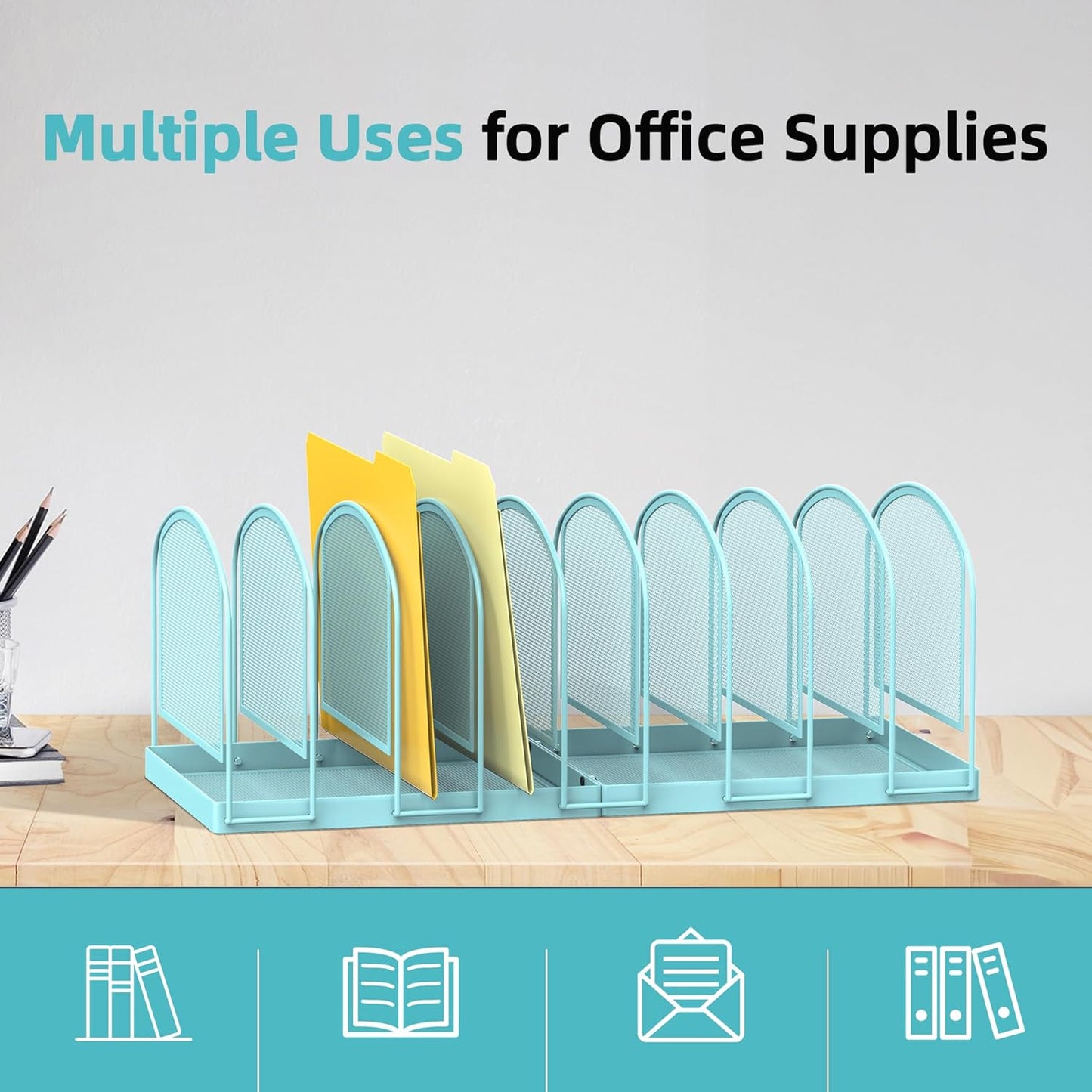 SUPEASY File Organizer 9-Section Mesh Desk Organizer, Upright File Organizer Desktop Organizer File Sorter, File Folder Holder for Office Supplies, Blue