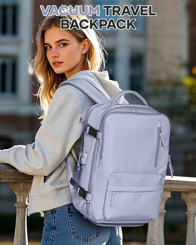 Vacuum Travel Backpack with Pump for Women,Personal Item Carry on Backpacks Flight Approved 18x14x8 inches for Men,Laptop Waterproof Work Compression bags Casual Daypack Purple