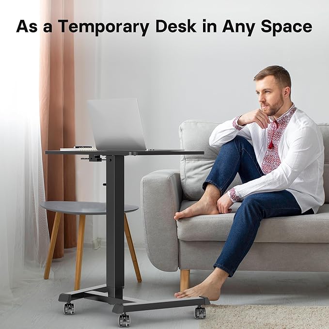 BONTEC Mobile Standing Desk Adjustable Height, Rolling Laptop Cart with Hook, Portable Workstation with Pneumatic Lift, Ergonomic Table with Wheels, Compact Home Office Desk, Black 25.6" x 17.7"