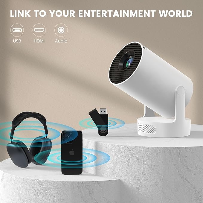 Mini Portable Projector with WiFi and Bluetooth, 4k 1080P Video Projector Support 5w Sound Base Speaker, 200 ANSI, 210° Rotation, Auto Vertical Keystone for Home Bedroom Outdoor, HY300 Ultra