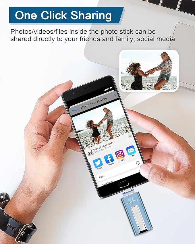 256GB USB Flash Drive for Phone and Pad, Photo Stick High Speed External USB Thumb Drives Photo Storage Memory Stick for Save More Photos and Videos (Blue, 256GB)