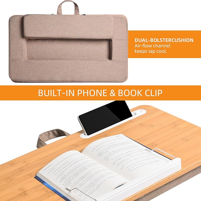 wishacc Portable Bamboo Lap Desk Tray, Natural Wood, Large 21.1 x 12.9 Inch, for Home Office