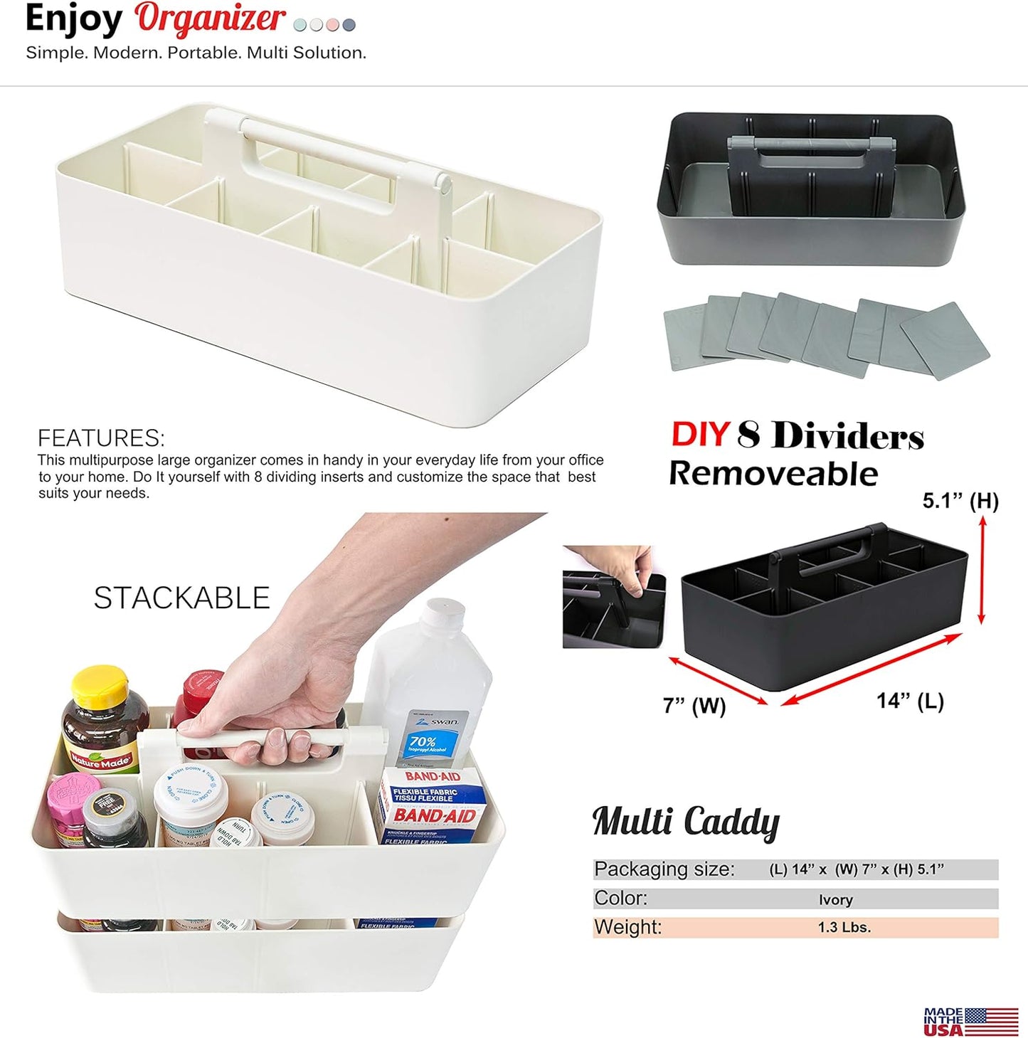 -Large Portable Caddy, DIY Dividers, 8 Compartments, School Office Supplies Home Business Organizer,Portable Basket with Handle Storage Organizer Modern Made in USA (4 PACK, Ivory)