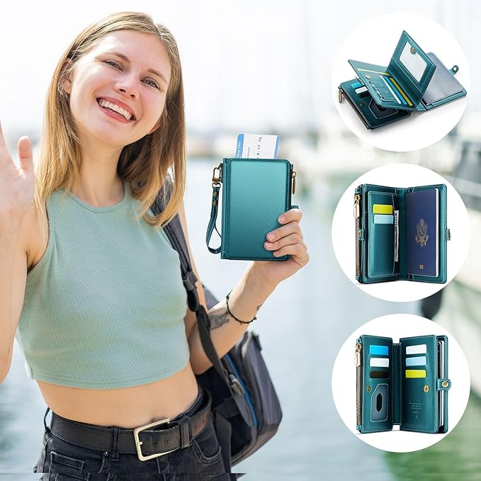 Passport Holder Wallet Bag with AirTag Holder, 11 Card Slots and Passport Solt Cash Solt Photo Solt Zipper Pocket, RFID Blocking Wristlet Strap.Green